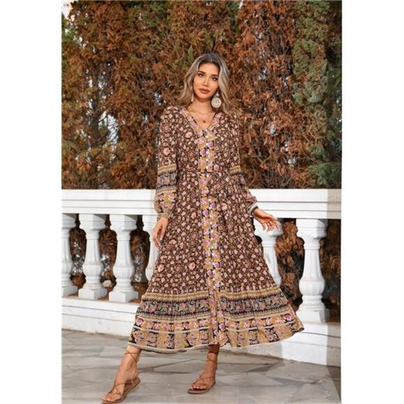 Women's Long Sleeve Boho Midi Dress V Neck Brown - Picture 3 of 6